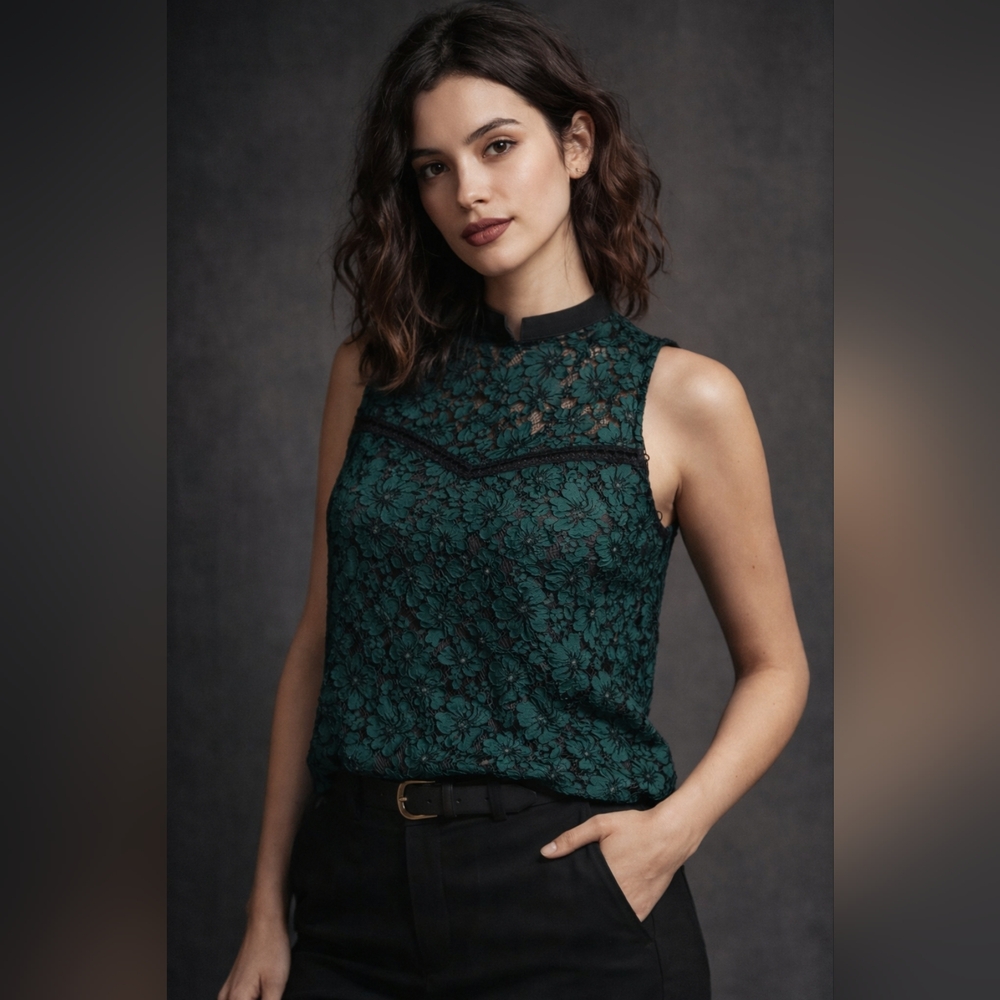 Carolina Belle Forest Green Lace Mock-Neck Camisole
